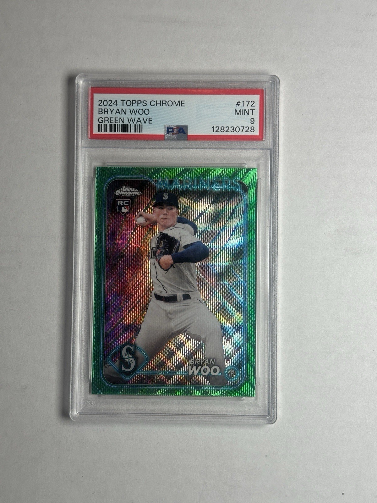 Topps 2024 Chrome Bryan Woo Green Wave Refractor /99 #172 Mariners PSA 9