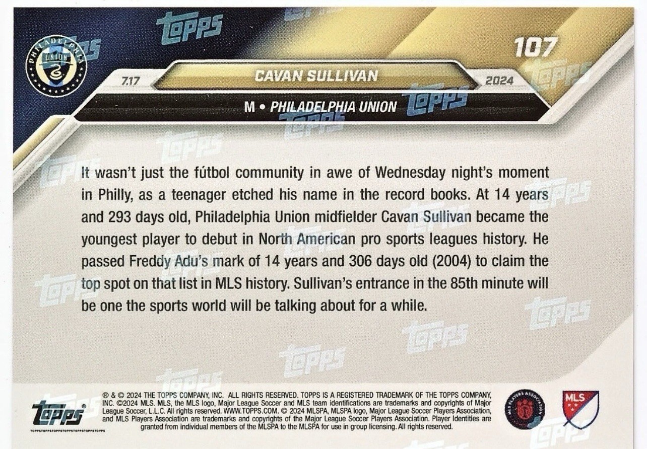 2024 Topps Now MLS CAVAN SULLIVAN Youngest American Sports Debut USA SOCCER RC
