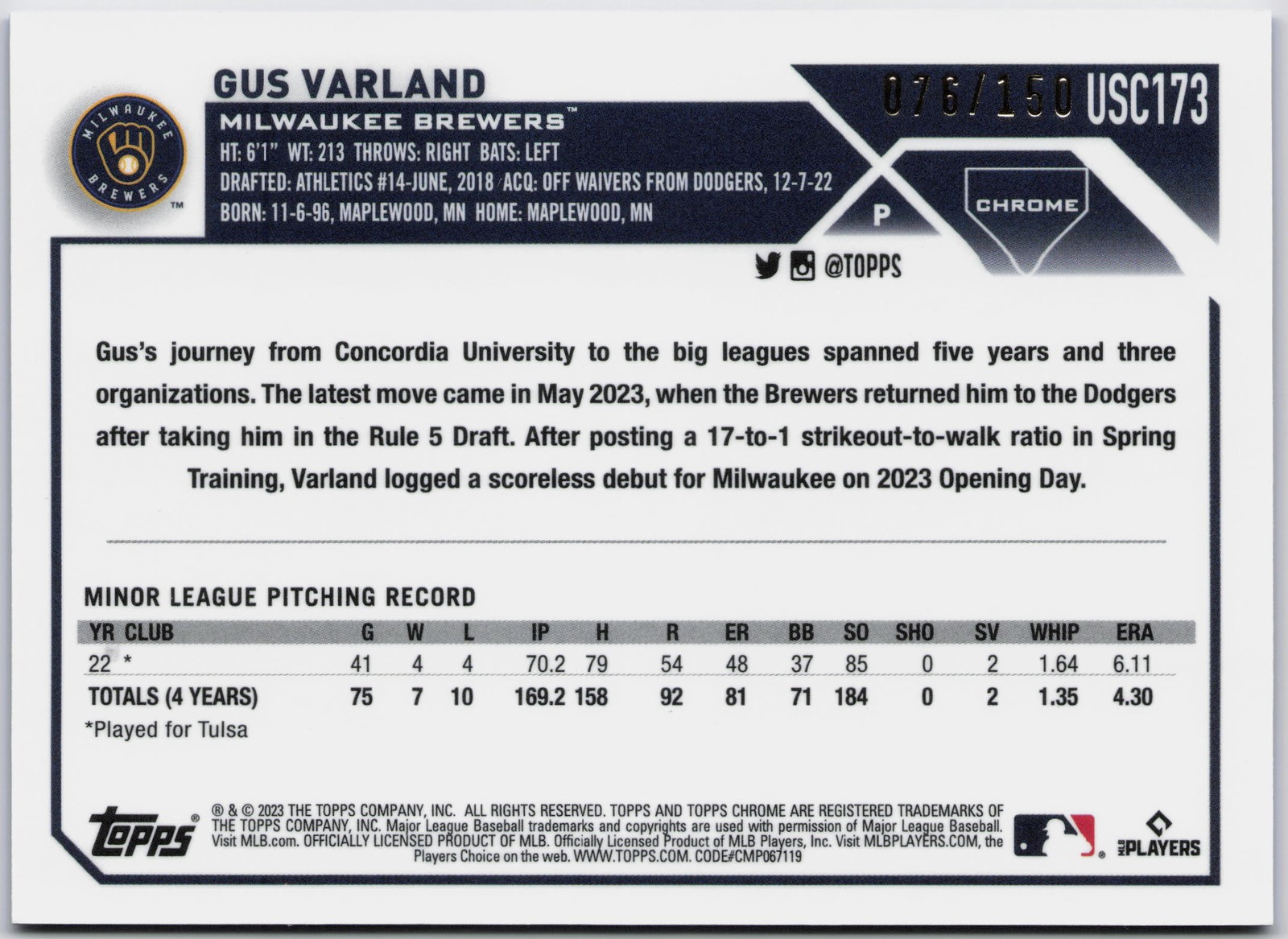 2023 Topps Chrome Update #USC173 Gus Varland Blue #/150 RC Rookie