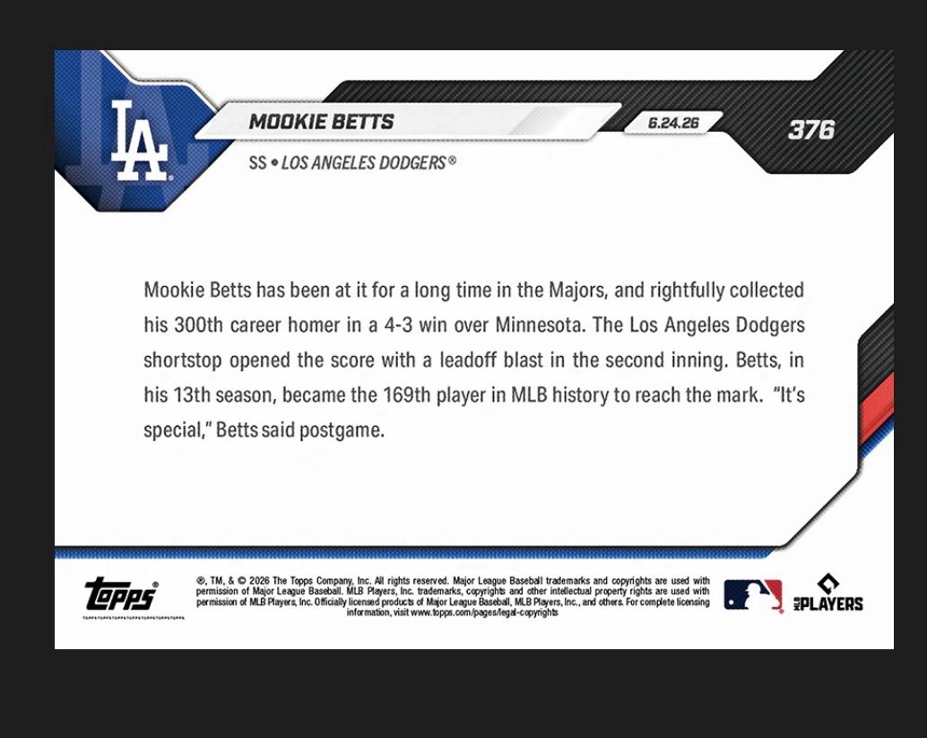 Mookie Betts – 2026 MLB Topps NOW® – 300 Career HRs Chance At 1/1 Auto Presale