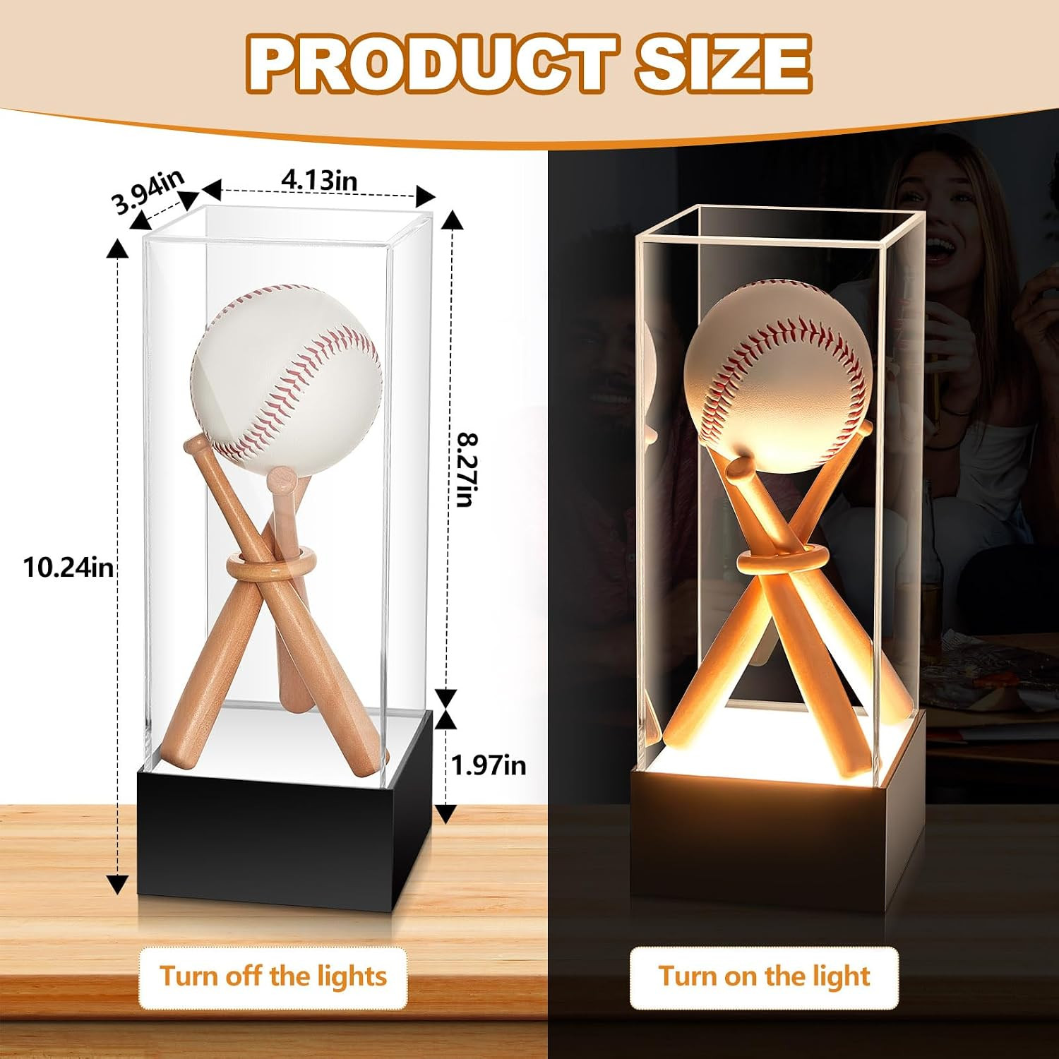 Baseball Display Case with LED Light Base Stand Holder, Wooden Sticks