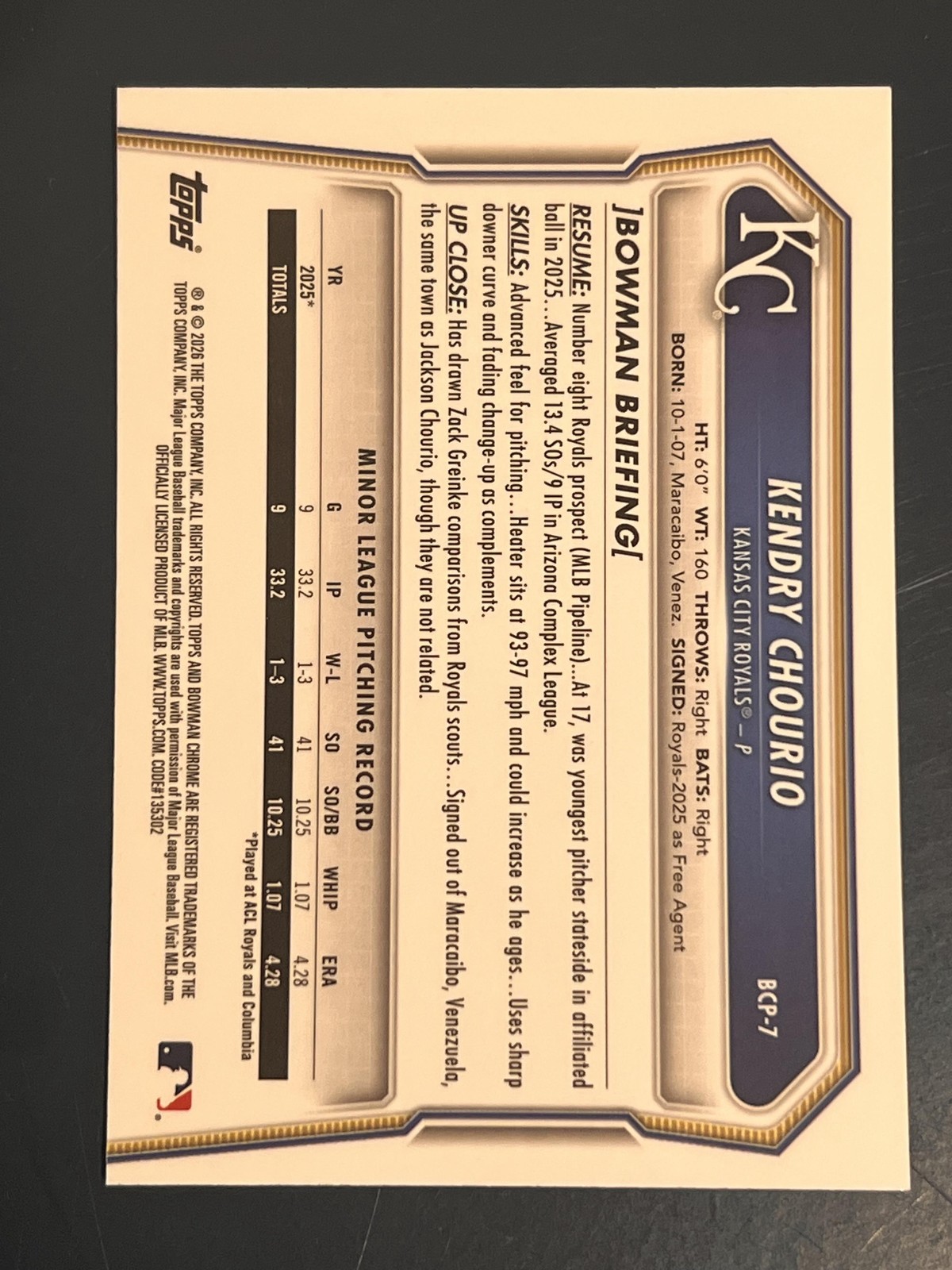 2026 Bowman #BCP-7 Kendry Chourio Chrome Prospects 1st Bowman Royals