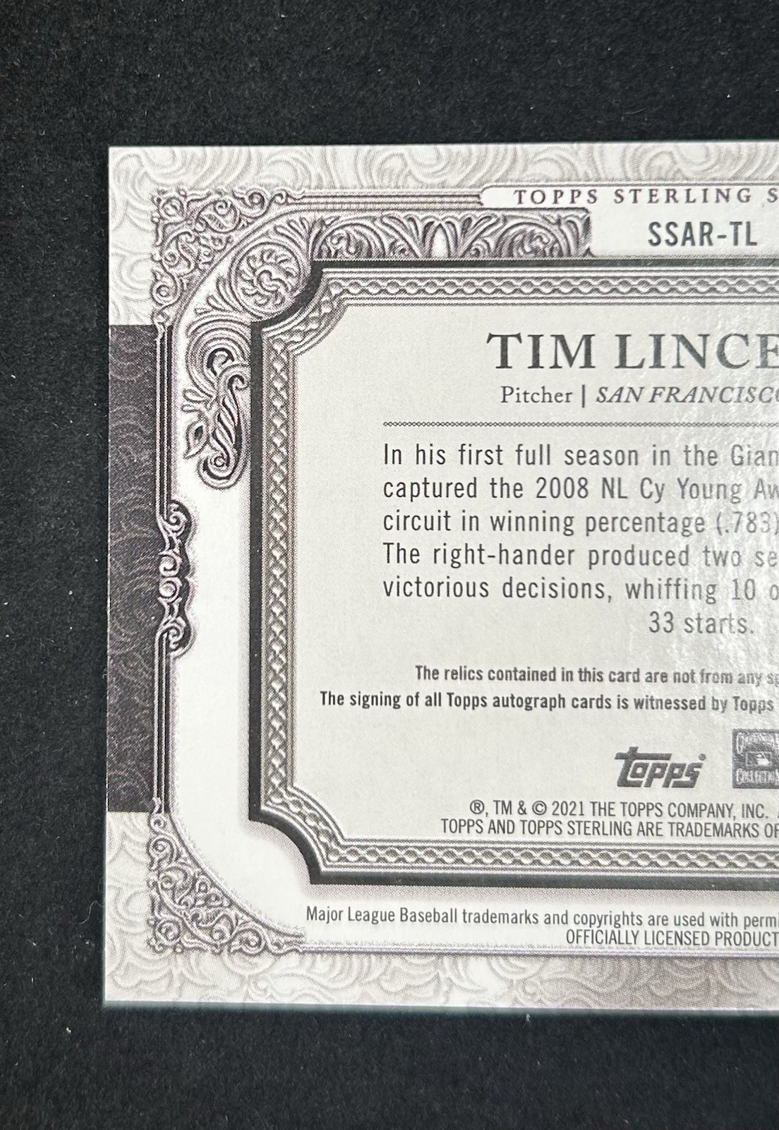2021 Topps Sterling Sterling Season Autograph Relics /25 Tim Lincecum SSAR-TL