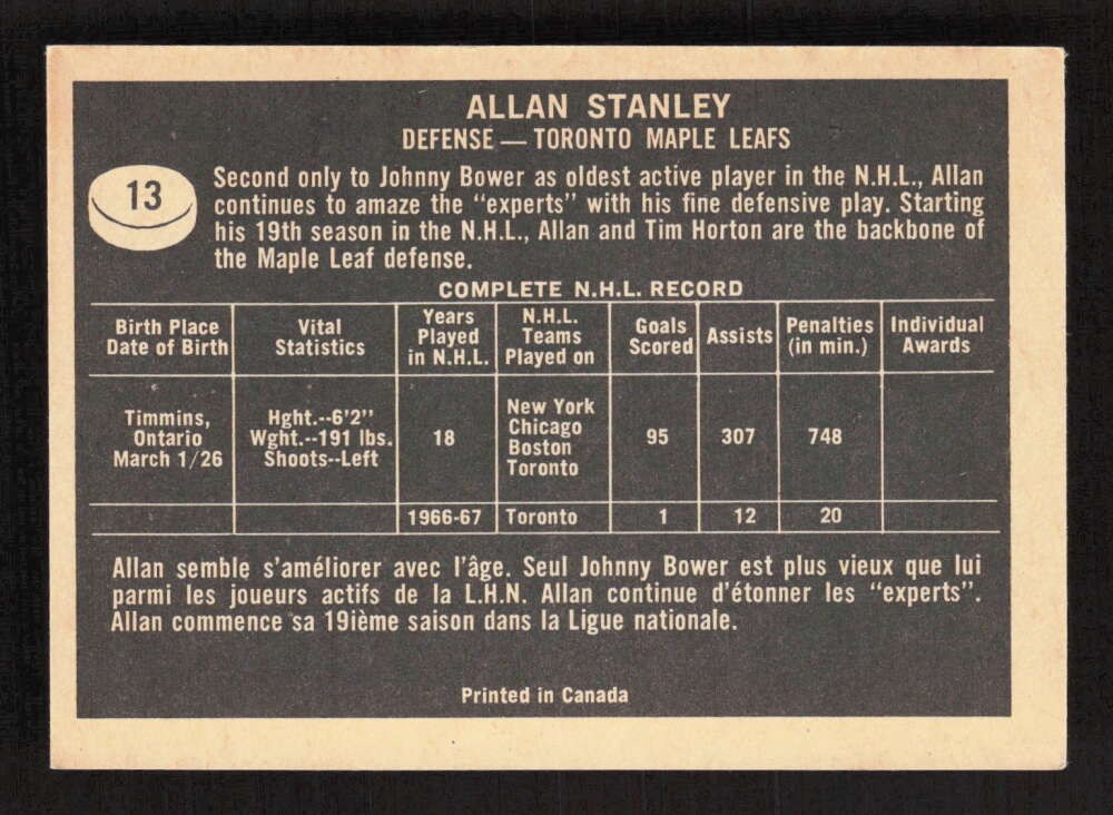 1967-68 Topps Allan Stanley #13 Toronto Maple Leafs VG TV12151