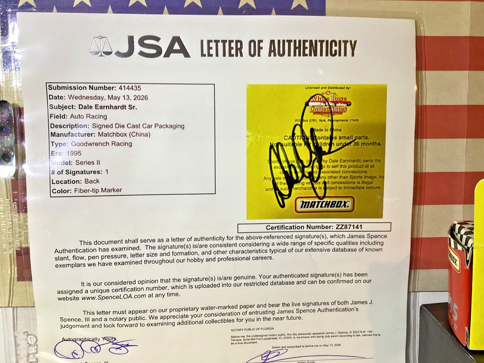 DALE EARNHARDT SIGNED 1995 LIMITED EDITION 1:64 MATCHBOX JSA LETTER AUTHENTICITY