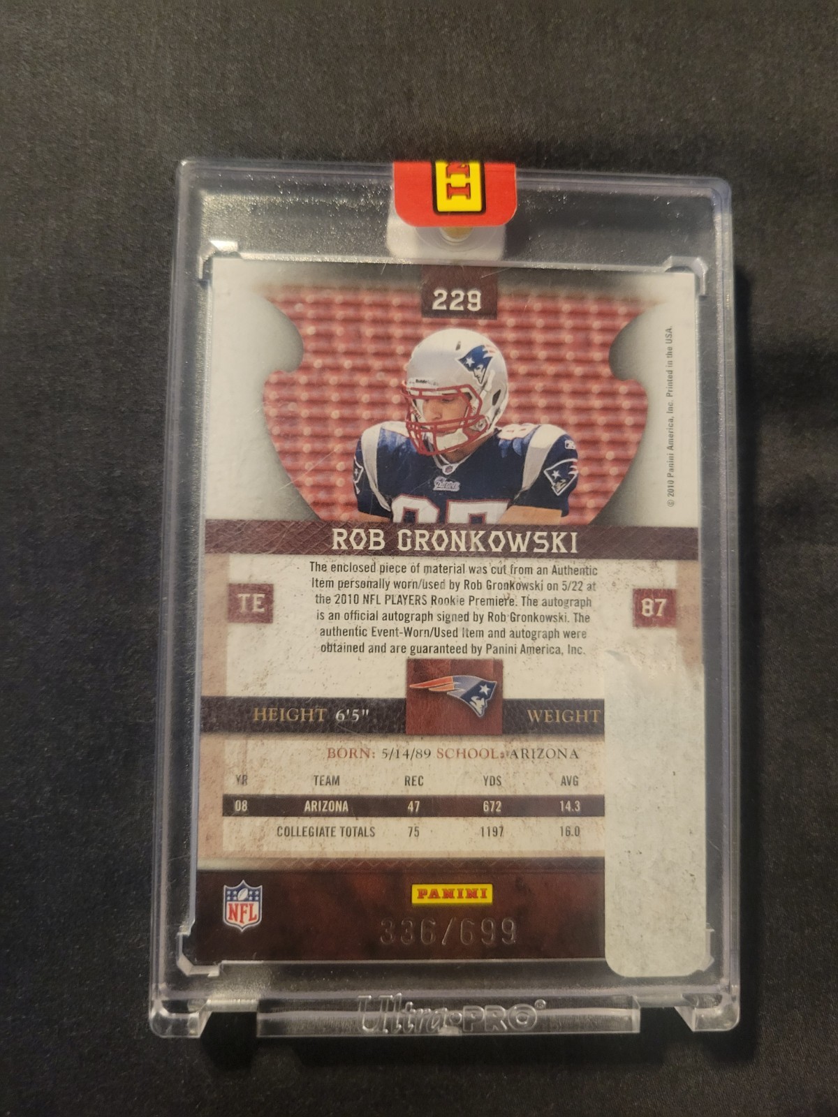 2010 Panini Plates & Patches Rob Gronkowski #229/699 (AU, MEM, RC)