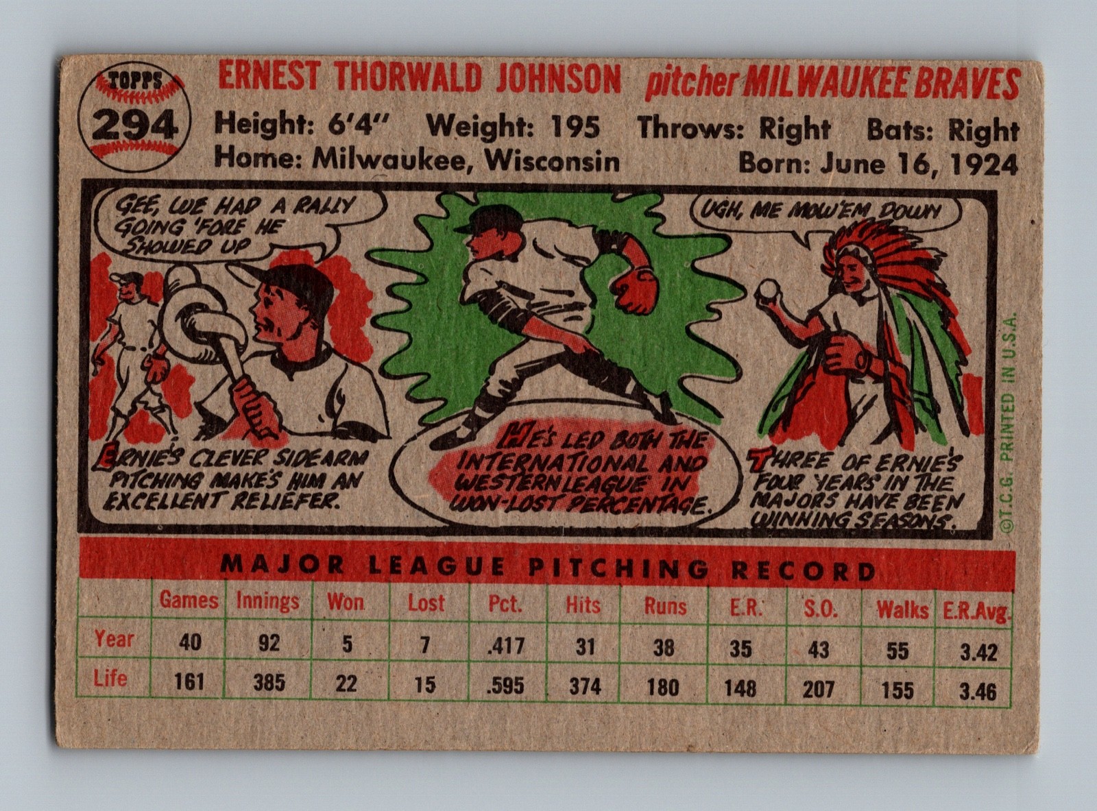 1956 Topps #294 Ernie Johnson GD-VG Vintage Baseball Card