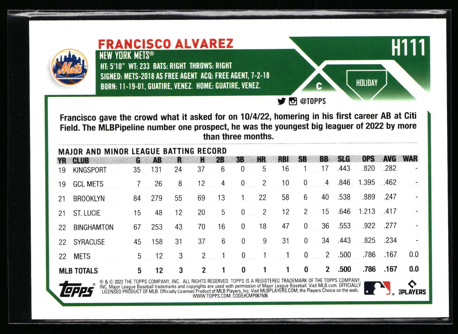 2023 Topps Holiday #H111 Francisco Alvarez New York Mets