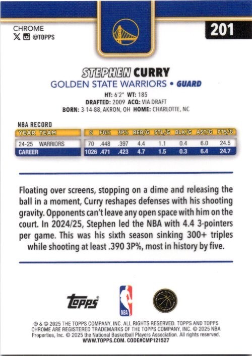 Stephen Curry, Blue X-Fractor #201 – 2025-26 Topps Chrome