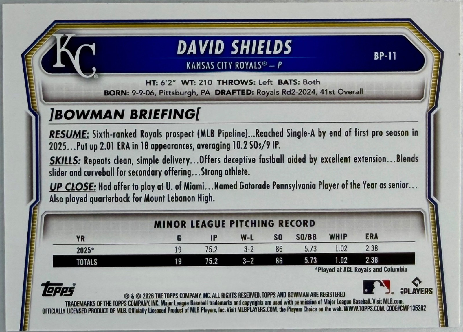 2026 Bowman #BP-11 David Shields White Scorecard Border Parallel /10 KC Royals
