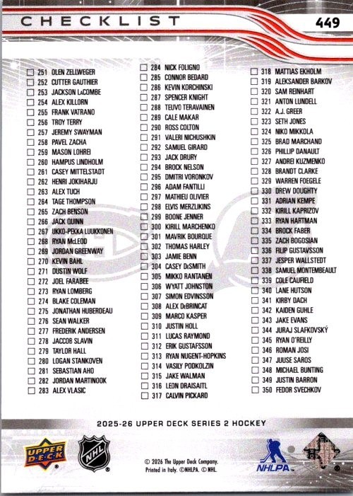 2025-26 Upper Deck Series 2 Checklist 251-350 (Cole Caufield & Jack Hughes) #449