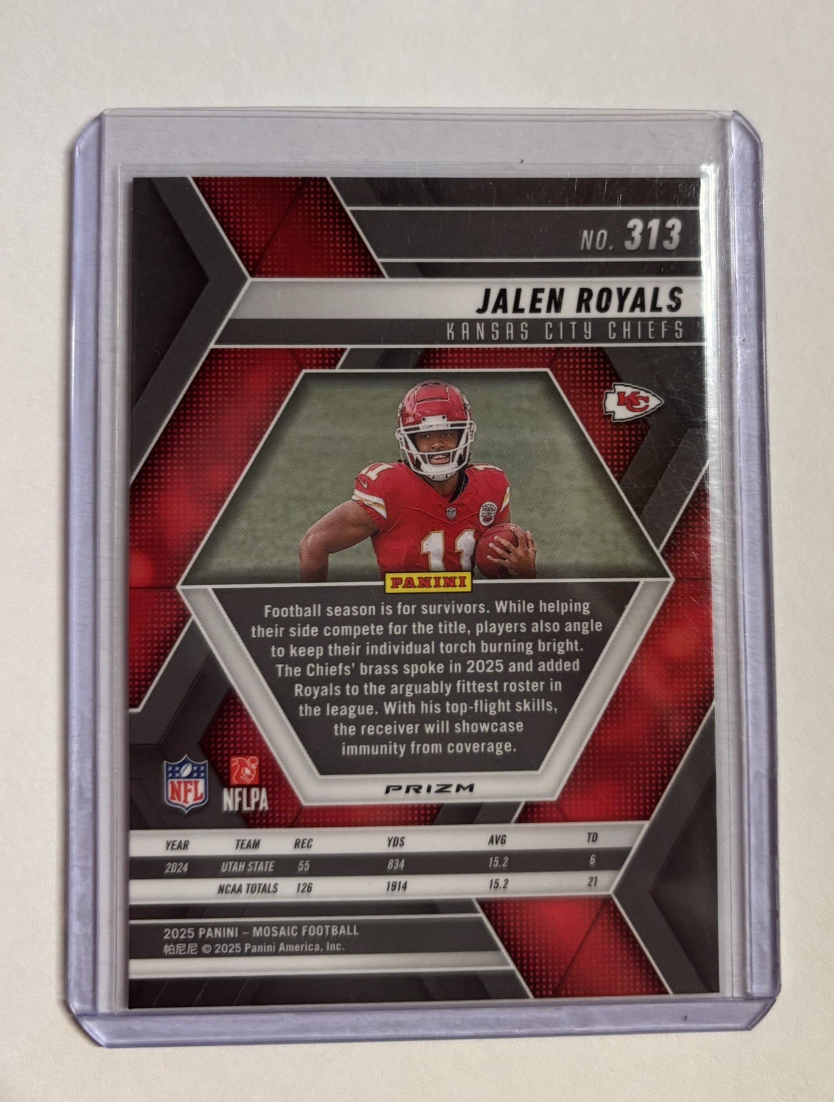 2025 Panini Mosaic Jalen Royals (Chiefs) Reactive Blue Mosaic Card No. 313 RC