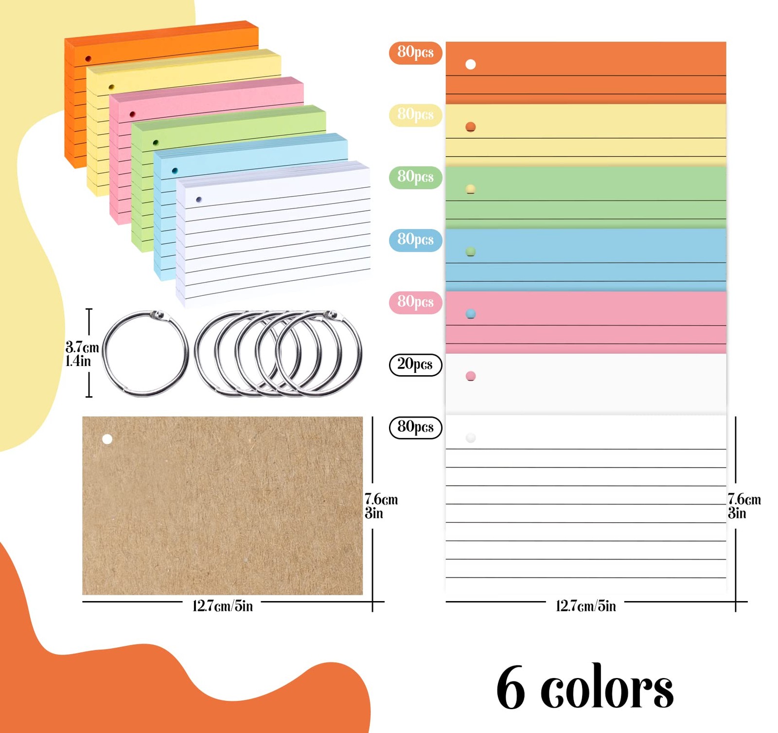 Agoer 500PCS Index Cards with Ring,3 x 5 Inches Flash Cards,Punched Lined Flashc