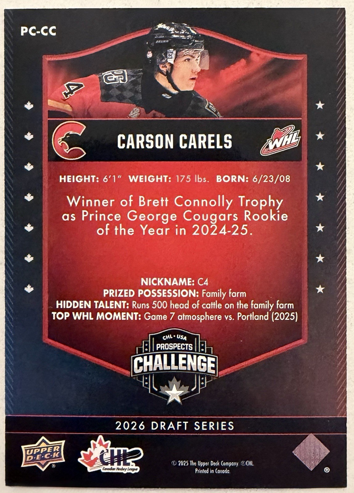 Carson Carels 2025 Upper Deck Chl USA Prospects Challenge #PC-CC Red (RC)