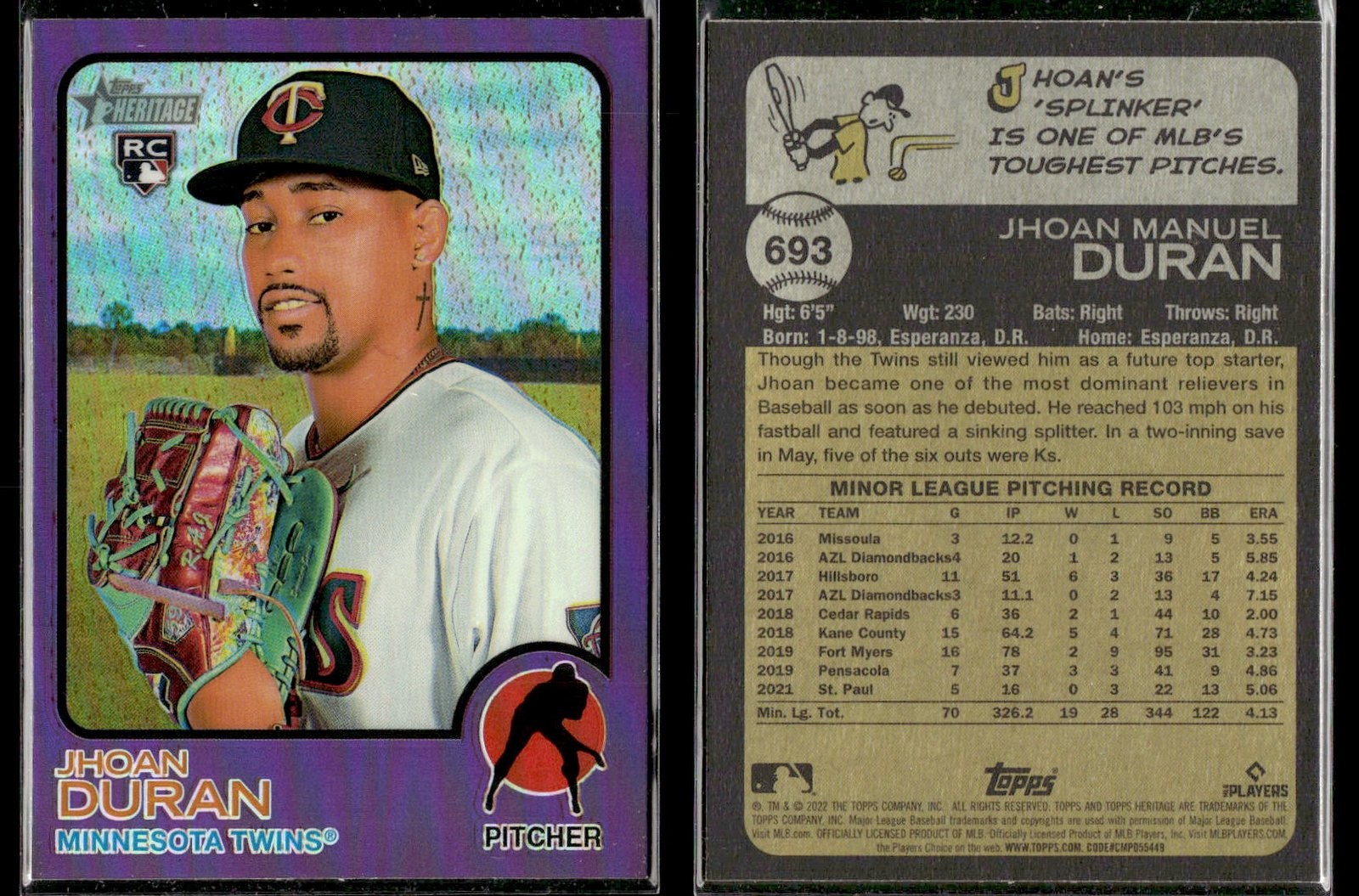 2022 Topps Heritage JHOAN DURAN #693 NM Purple Refractor RC
