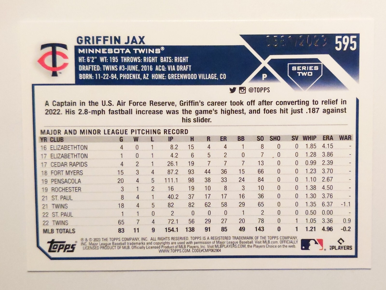 2023 Topps Series 2 Griffin Jax /2023 Gold Parallel #595 Twins