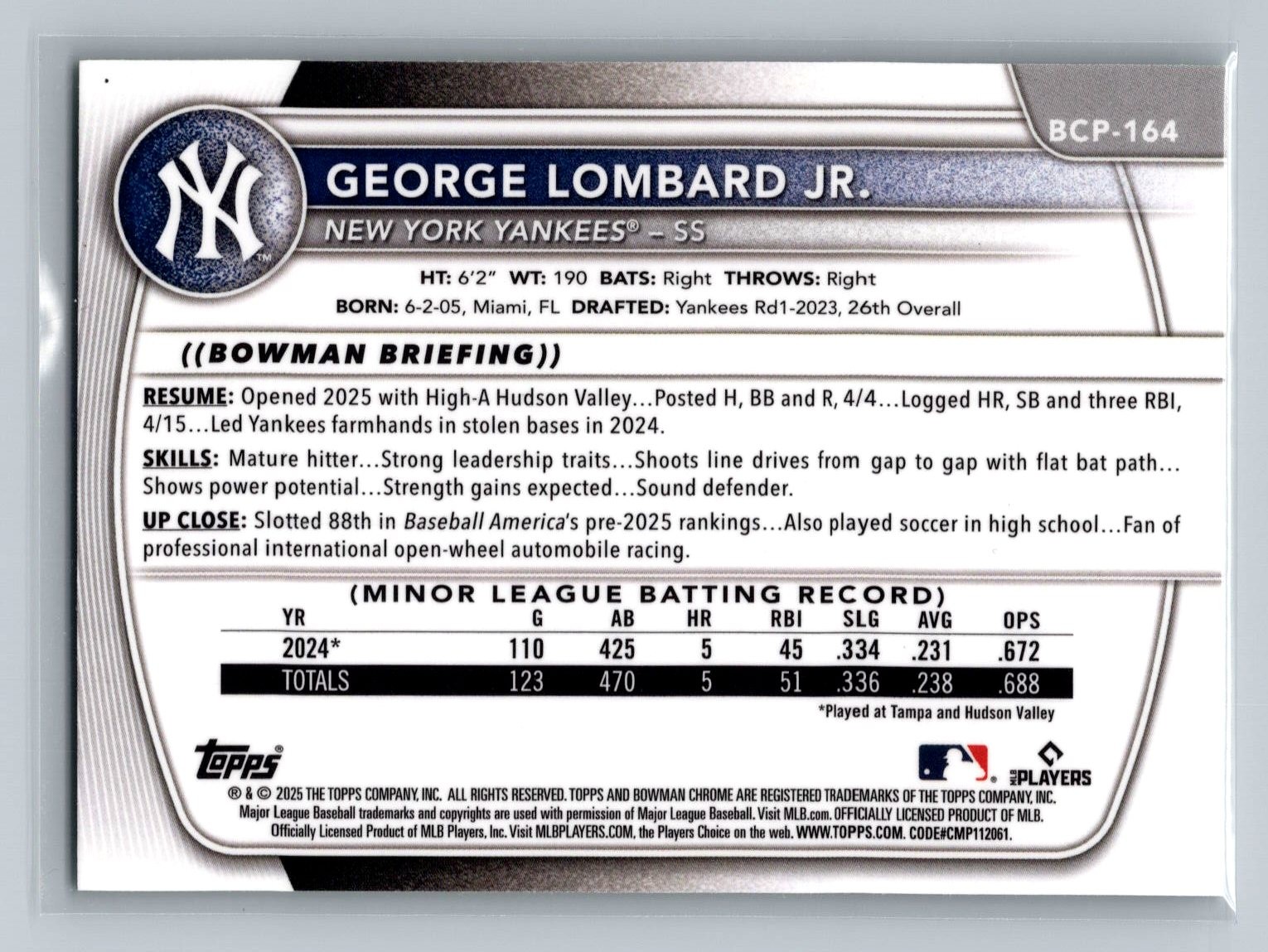 George Lombard Jr. 2025 Bowman Chrome #BCP-164 Green Shimmer /99 Yankees