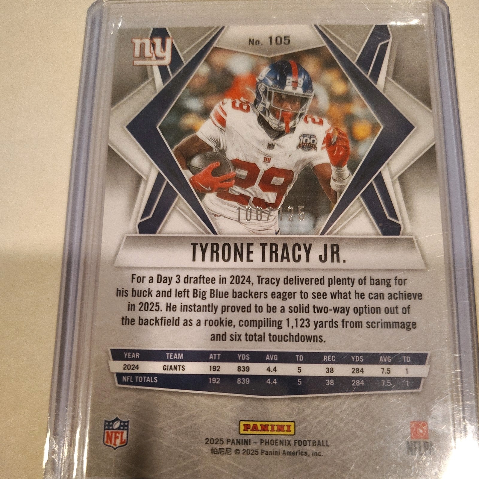 2025 Panini Phoenix Yellow Parallel Tyrone Tracy Jr. #105 Serial Numbered Giants