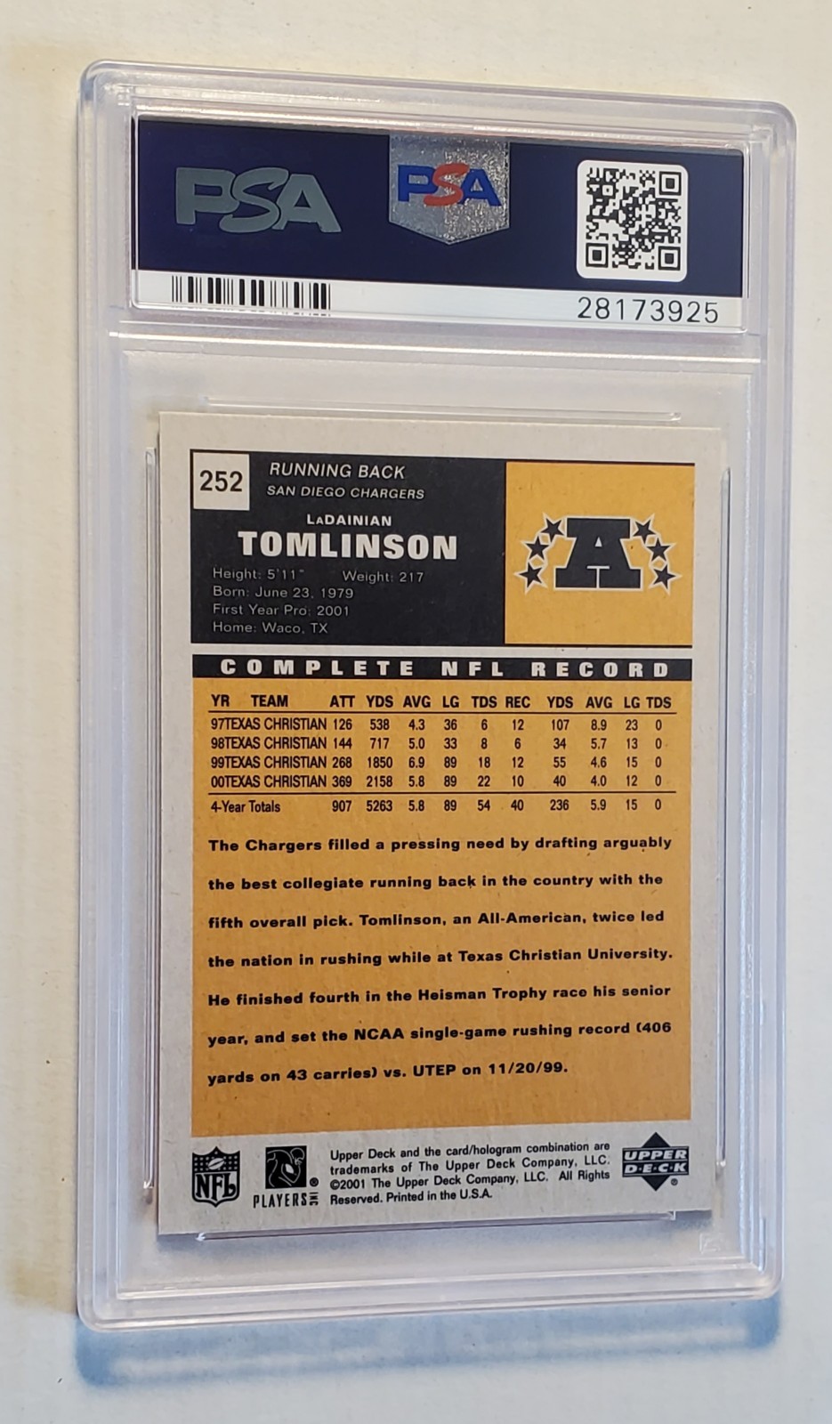 LaDainian Tomlinson 2001 Upper Deck Vintage #252 RC PSA 10 GEM MT HOF Rookie