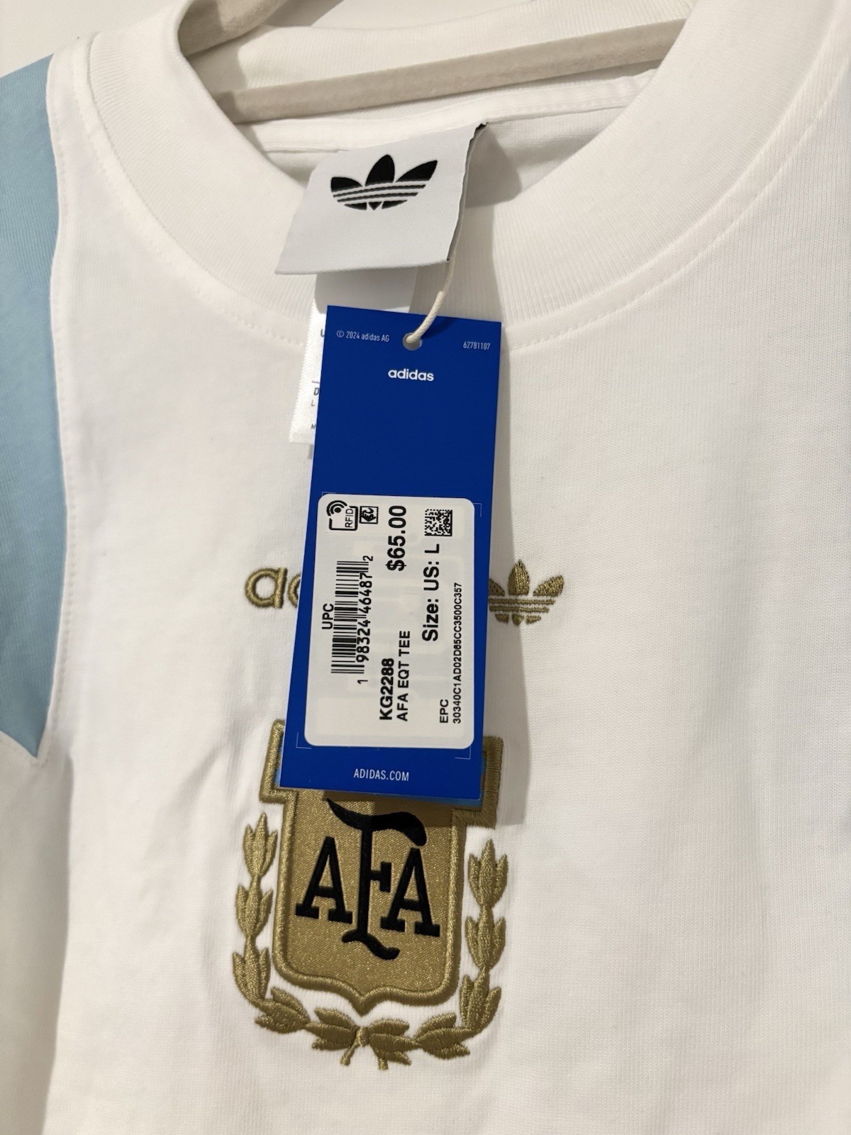Argentina Adidas EQT tee Messi Mens Soccer Shirt White Light Blue Navy size L
