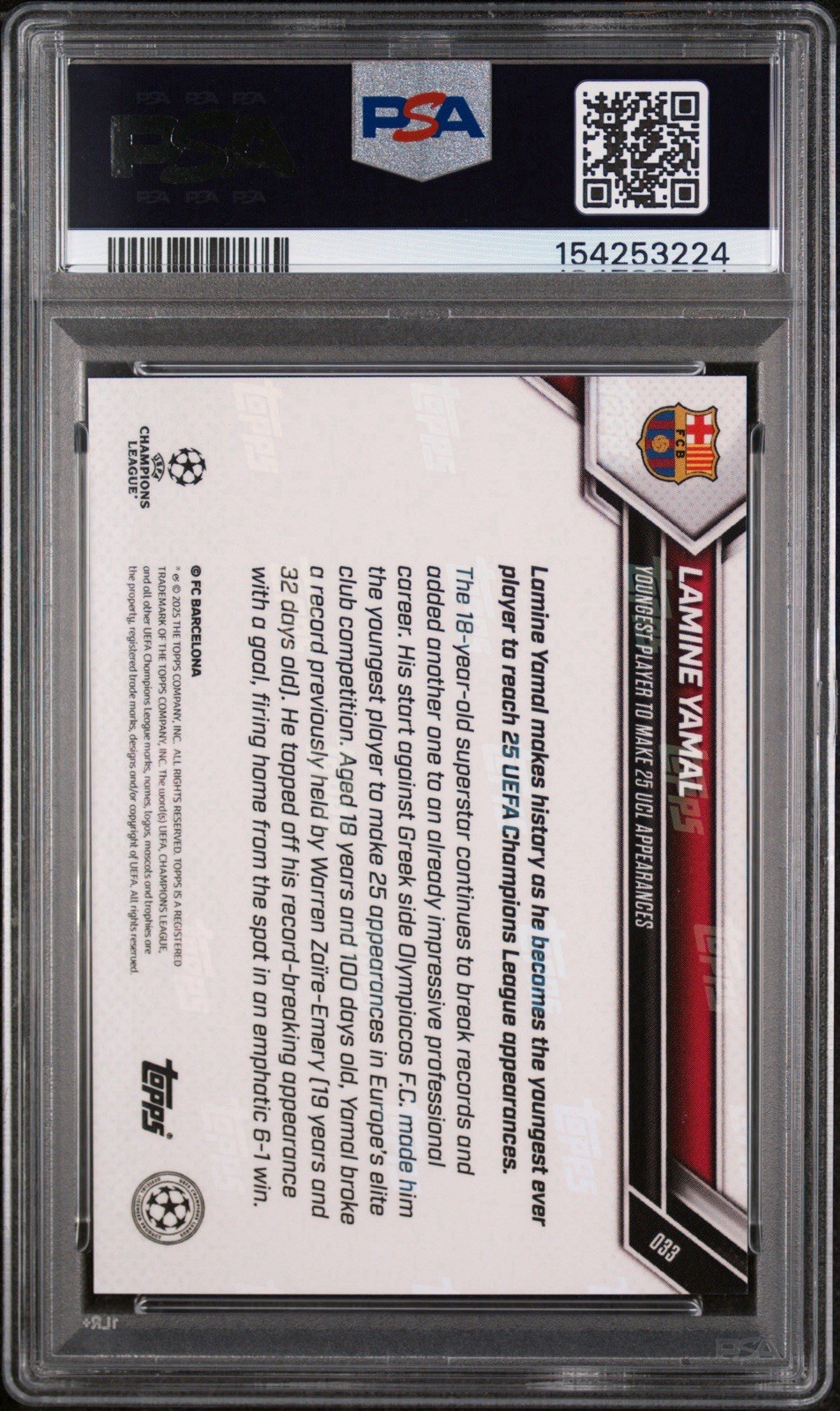2025-26 Topps Now Uefa Champions League – Lamine Yamal #033 /5105 PSA 10