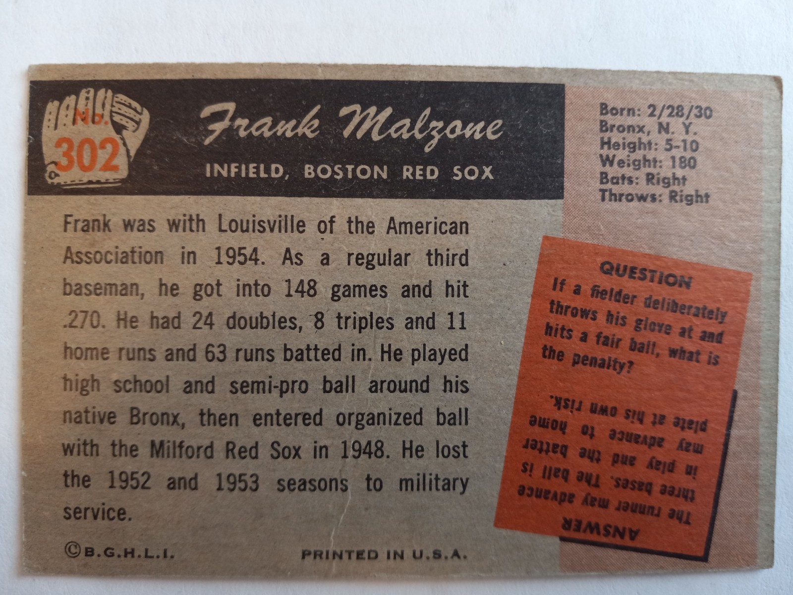 1955 Bowman #302 Frank Malzone VG Good RC Rookie Red Sox READ DESCRIPTION
