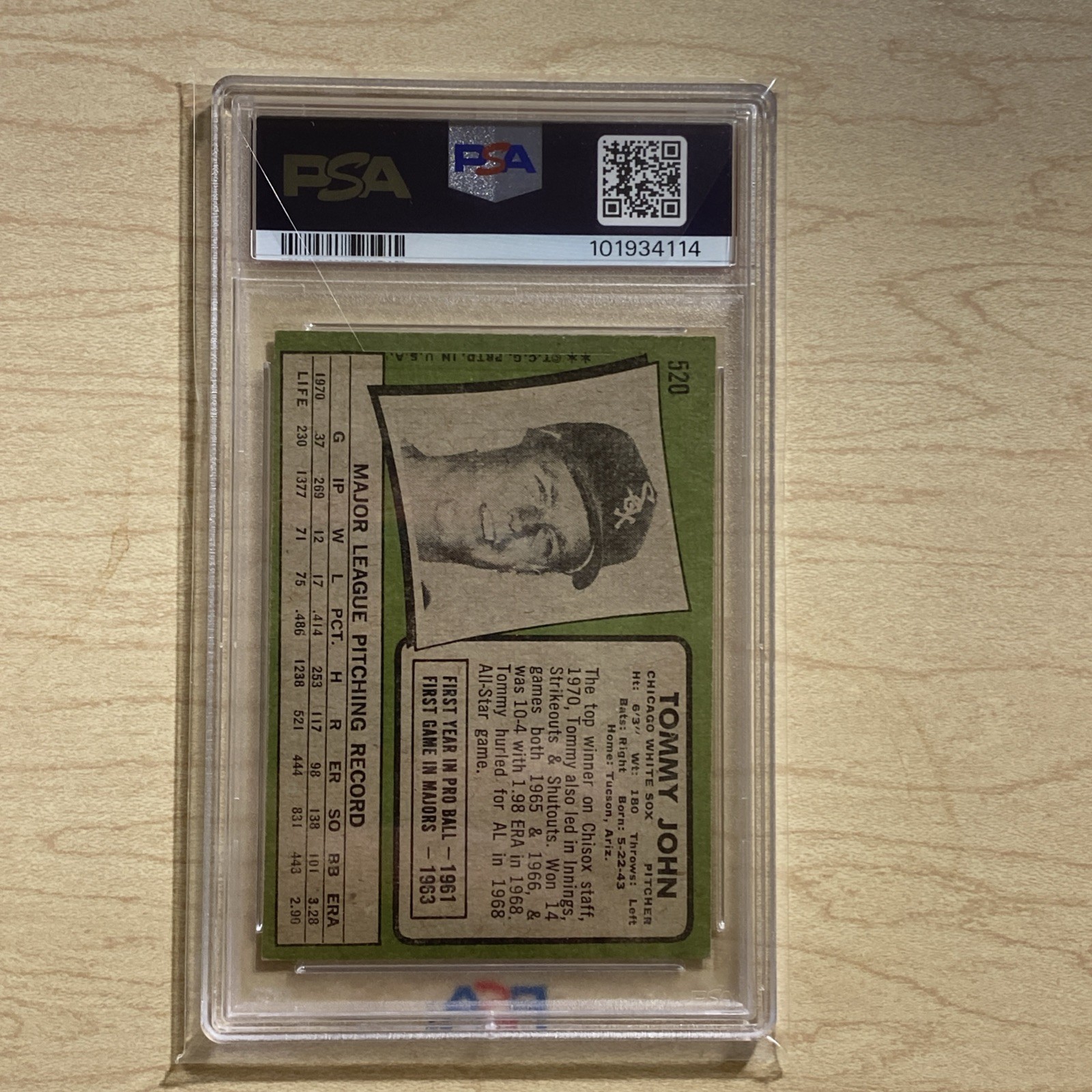 1971 Topps Tommy John #520 PSA 4 VG-EX White Sox Pitcher Offers Welcome