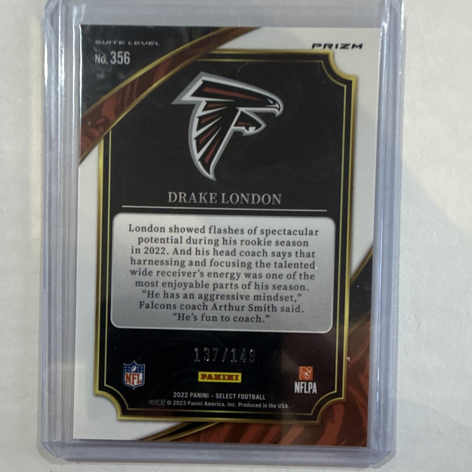 Panini 2022 Select Suite Level Drake London Tri-Color Prizm RC #356 /149