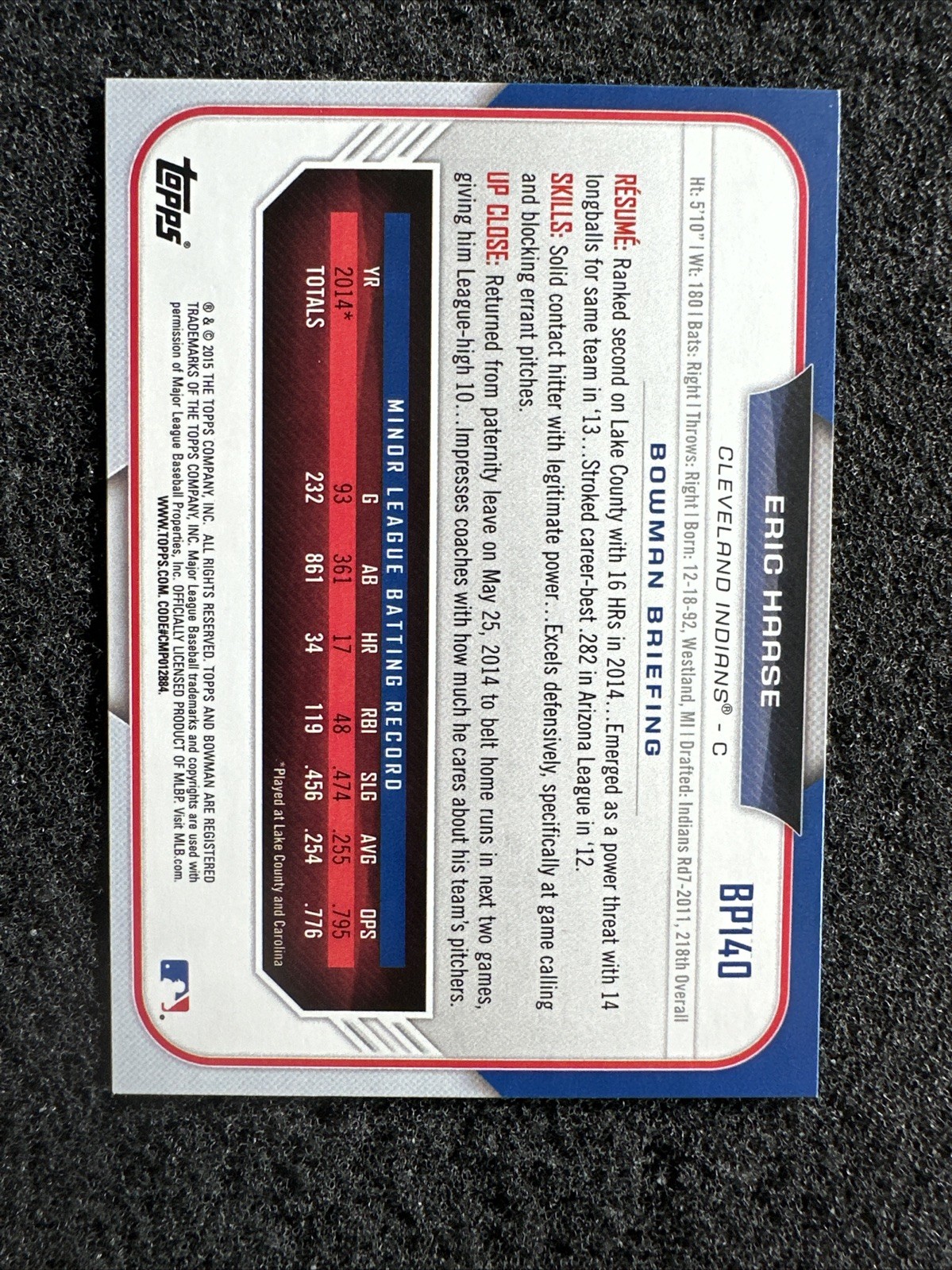 ERIC HAASE #BP140 2015 Bowman Baseball QTY Cleveland Indians