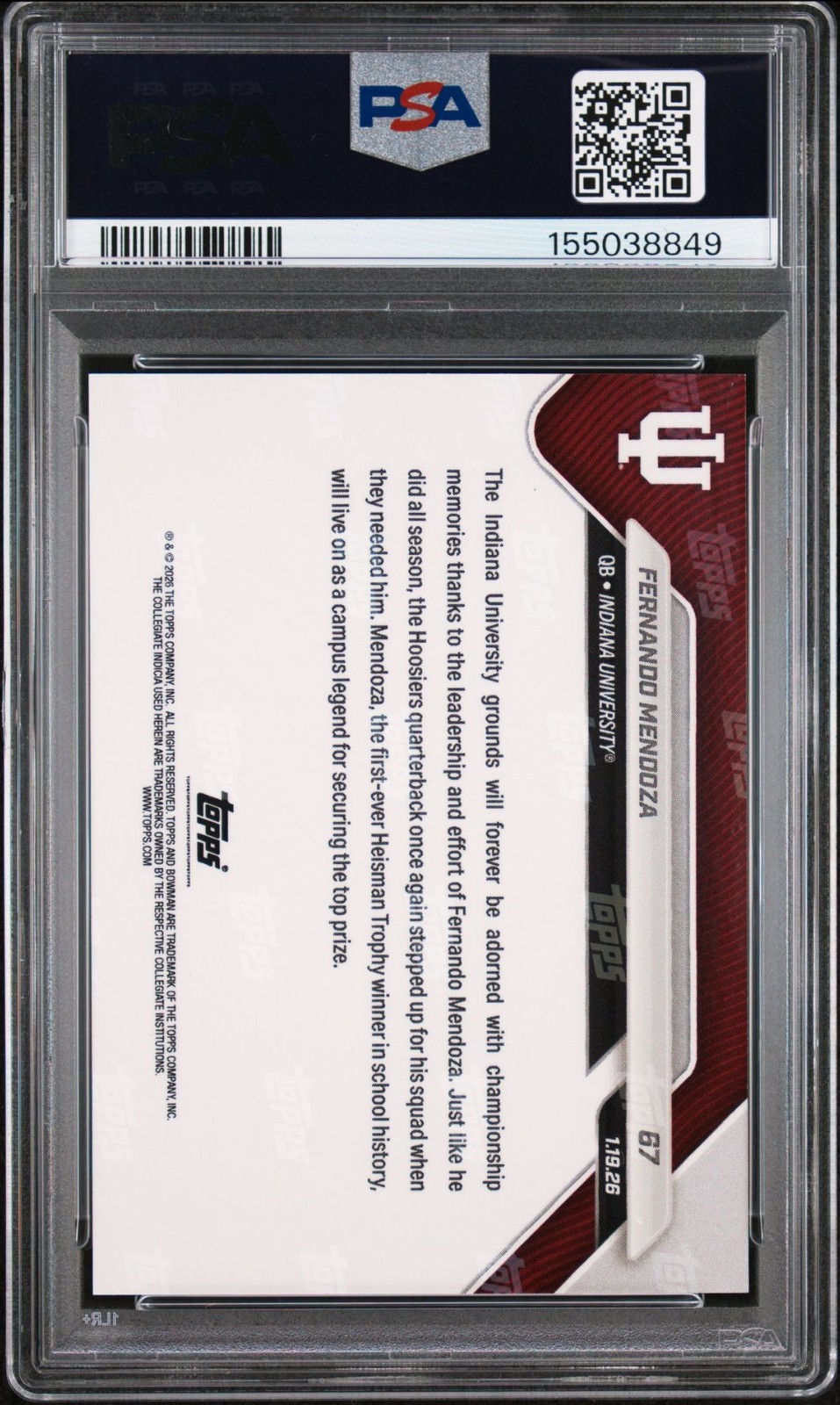 2025 Topps Bowman U Now Fernando Mendoza #67 IU INDIANA 1ST CHAMPIONSHIP, PSA 10