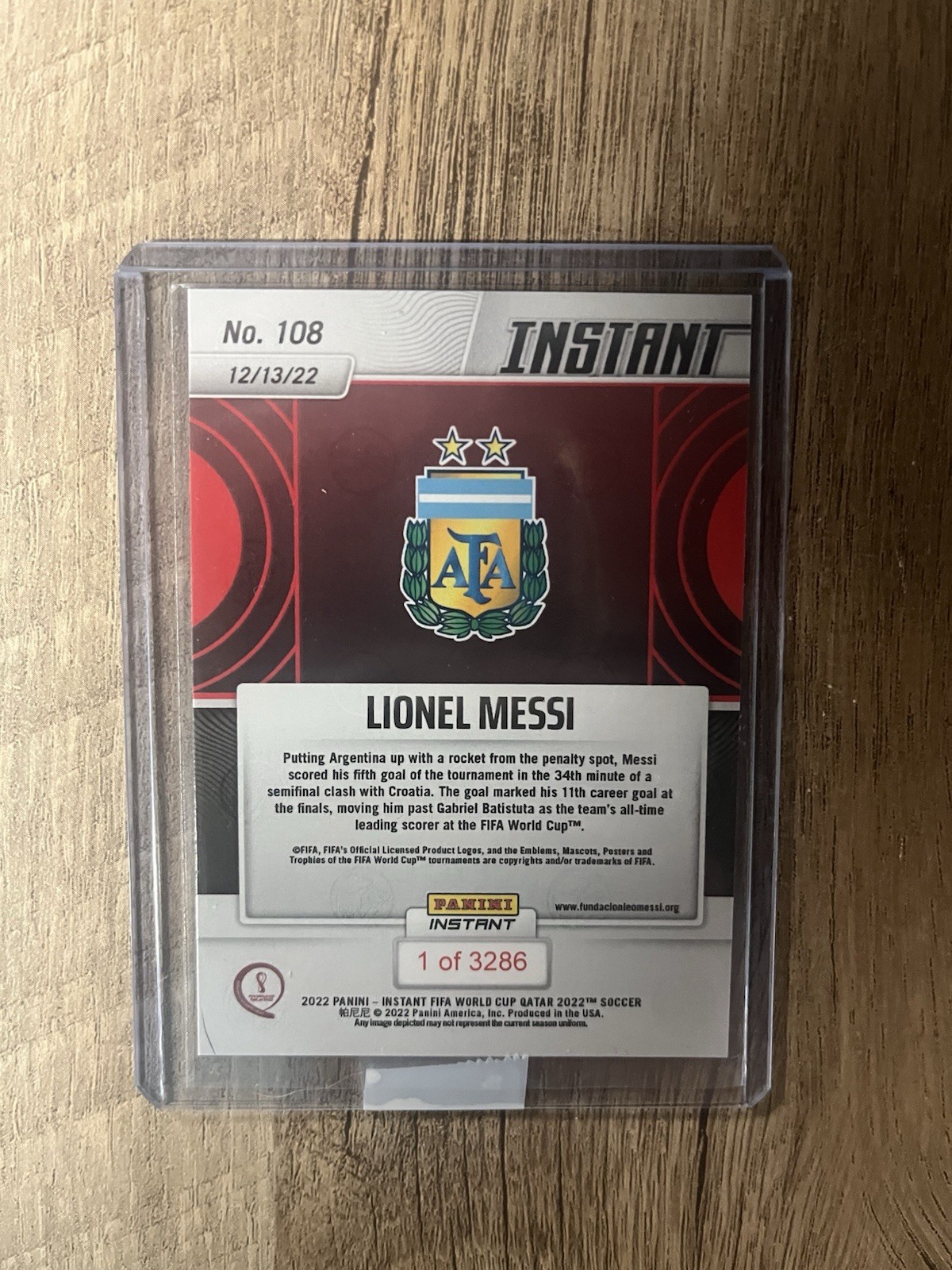 2022 Panini Instant FIFA World Cup #108 Lionel Messi Argentina Final PR/3286 SP