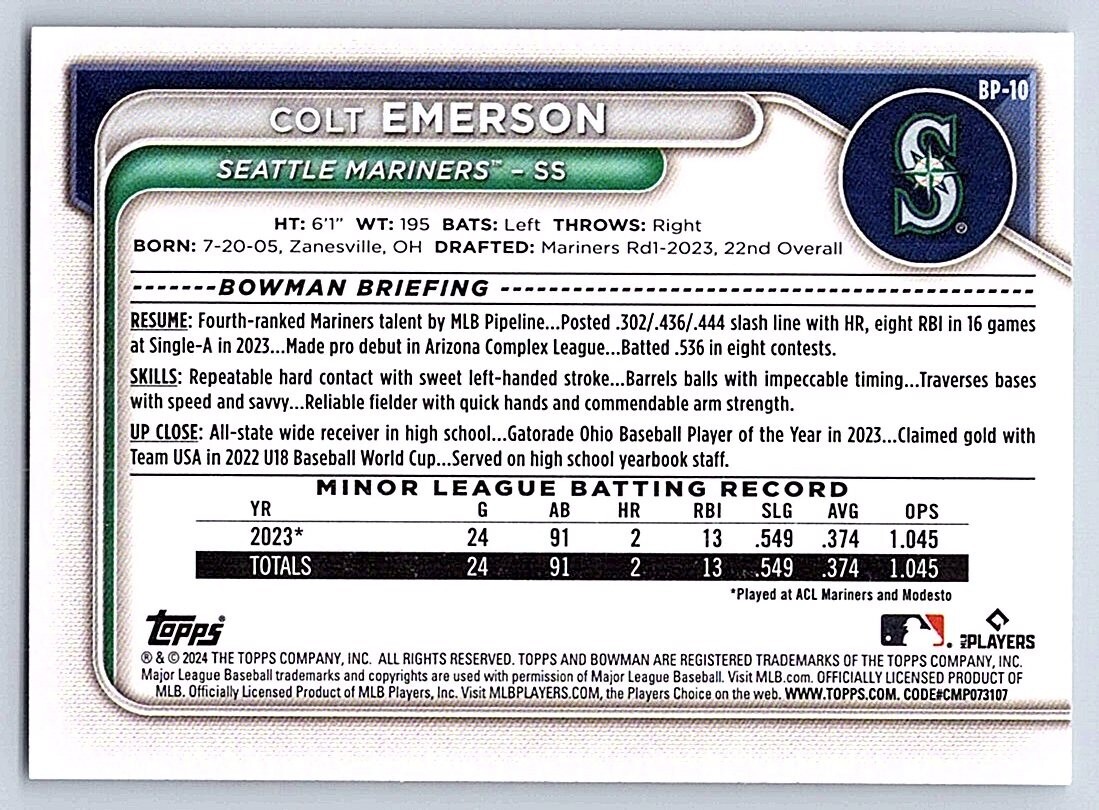 COLE EMERSON MARINERS 2024 BOWMAN PROSPECTS #BP-10