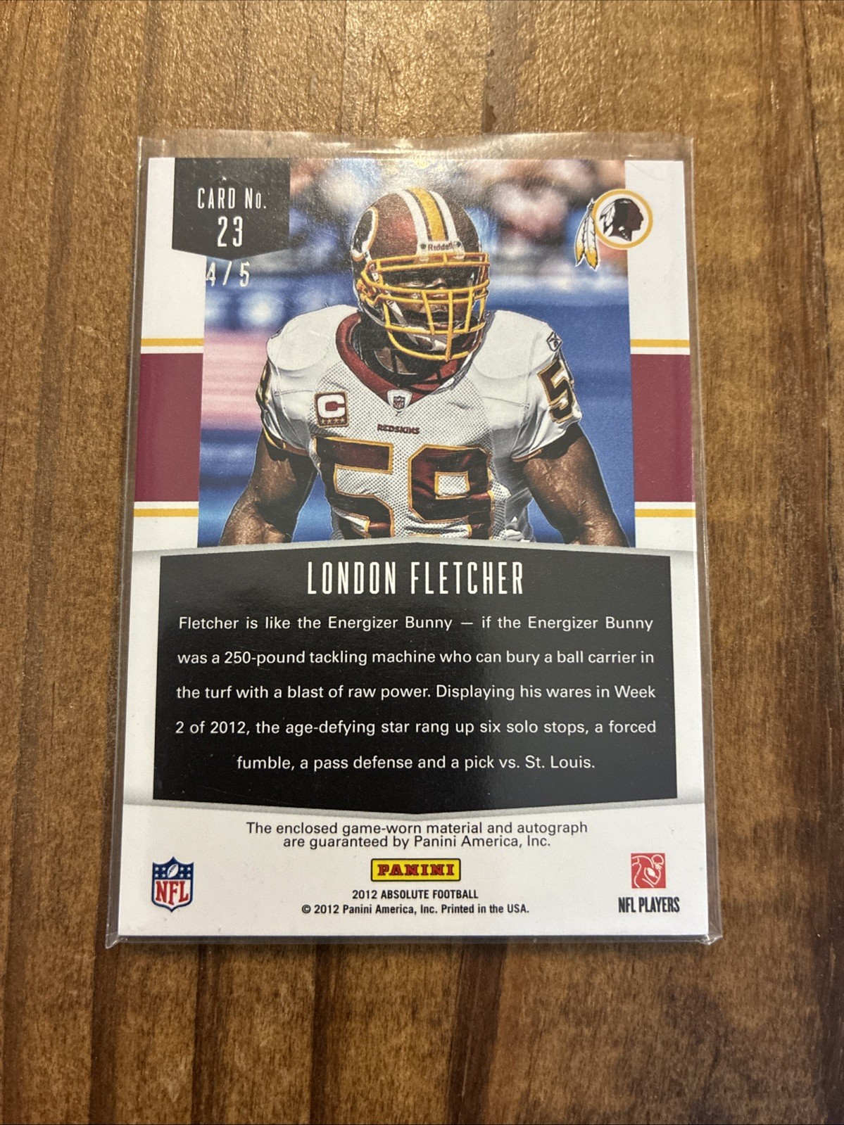 2012 Absolute London Fletcher Gridiron Force Jersey Relic #4/5 Auto Redskins SP