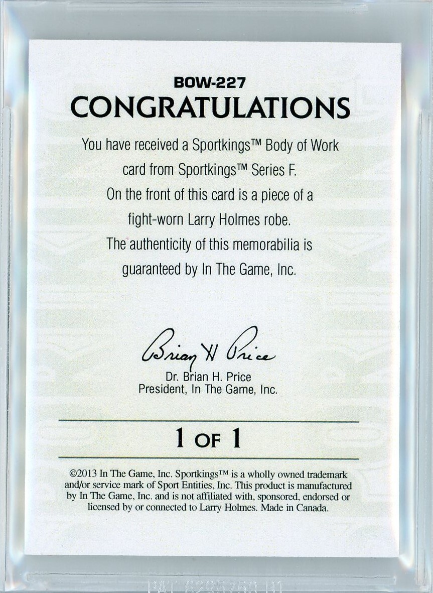 2013 SPORTKINGS BODY OF WORK – 1/1 LARRY HOLMES ON-CARD ART + RELIC! – BGS 9.5