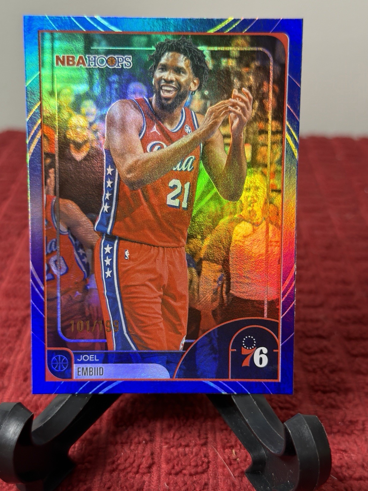 2025-26 NBA Hoops Joel Embiid #9 Rainbow & Blue Foil 101/199 Philadelphia 76ers