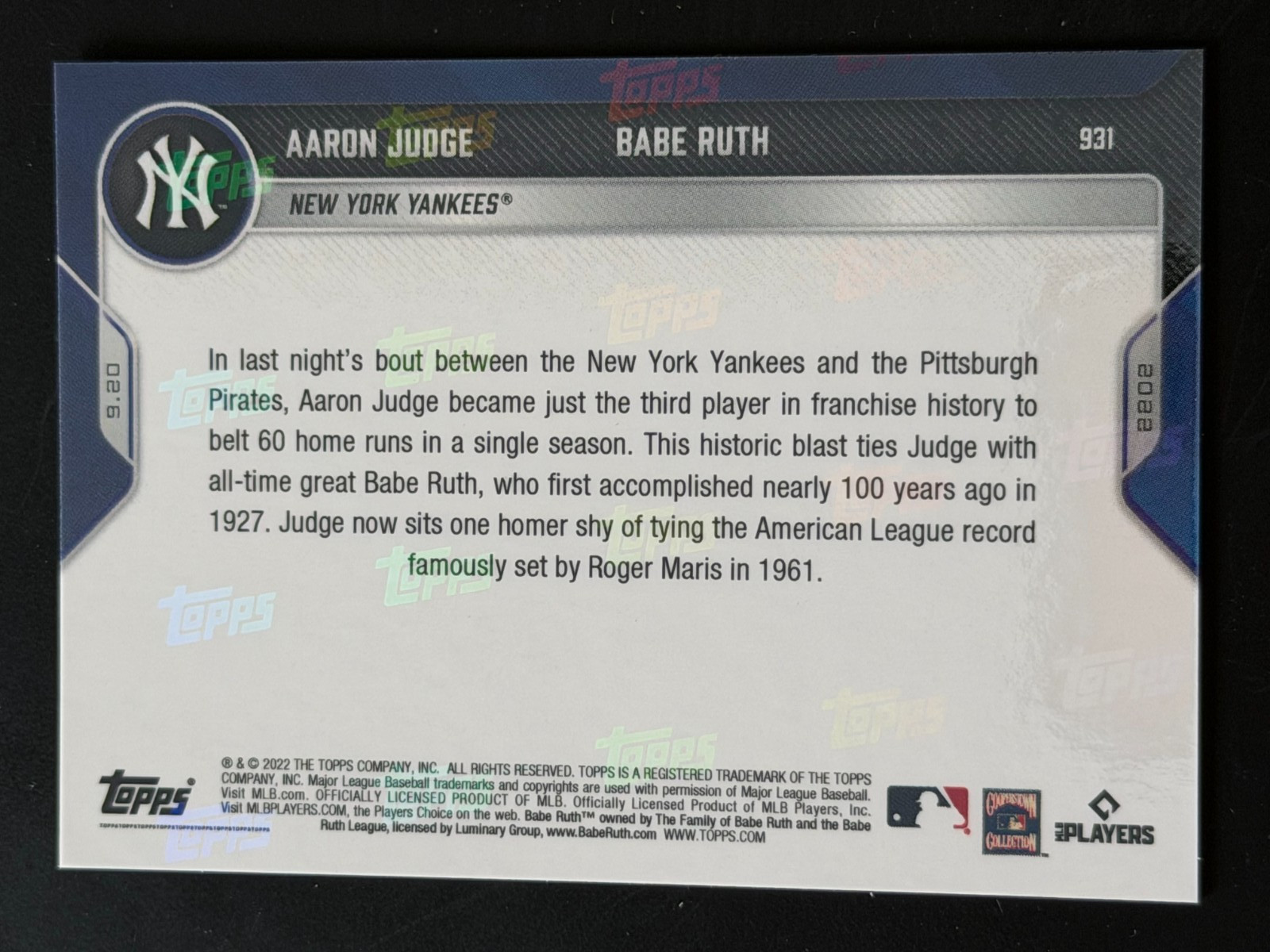 2022 Topps Now #931 AARON JUDGE/BABE RUTH New York Yankees