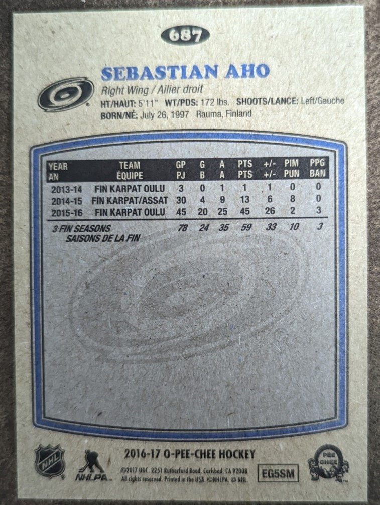 2016-17 UD O-Pee-Chee Update Retro Sebastian Aho Rookie Card #687 CAR Hurricanes