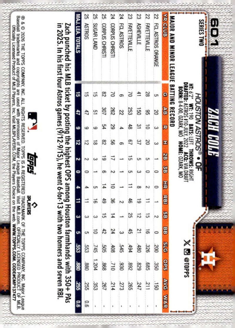 Zach Cole RC 2026 Topps #601 ROOKIE MLB Astros ID:171649