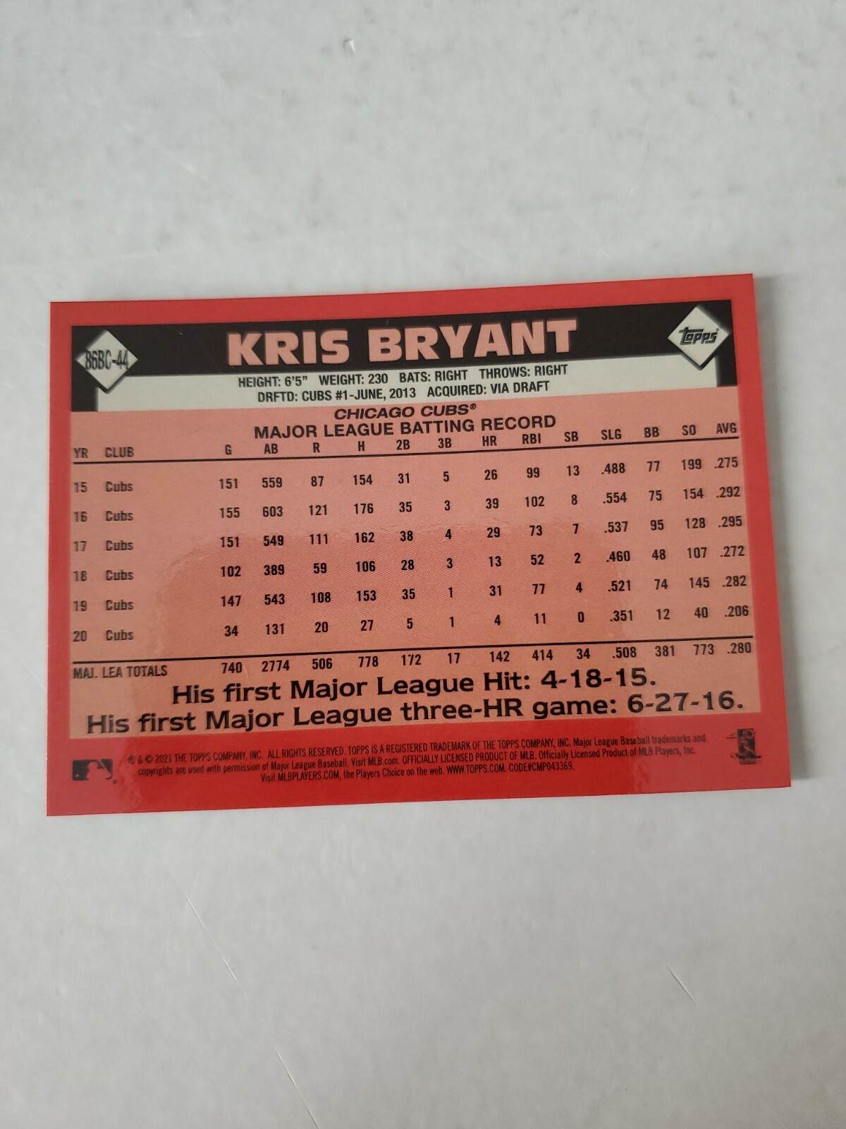 2021 Topps Series 1 KRIS BRYANT Silver Pack Chrome Refractor #86BC-44