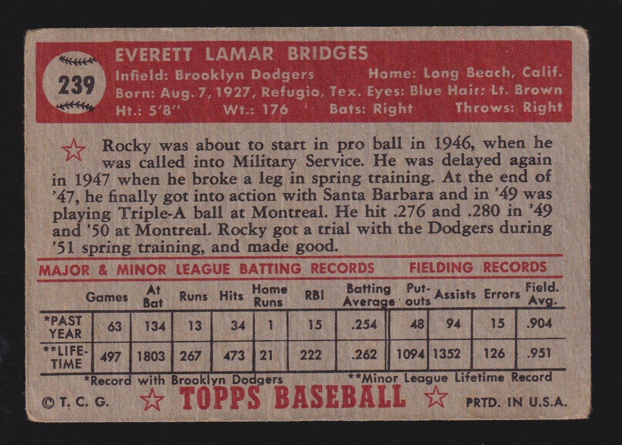 ROCKY BRIDGES ROOKIE DODGERS 1952 TOPPS #239 GOOD/VERY GOOD