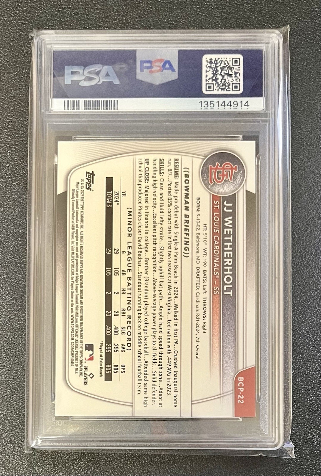JJ Wetherholt 2025 Bowman Chrome Sapphire Yellow /75 PSA 9