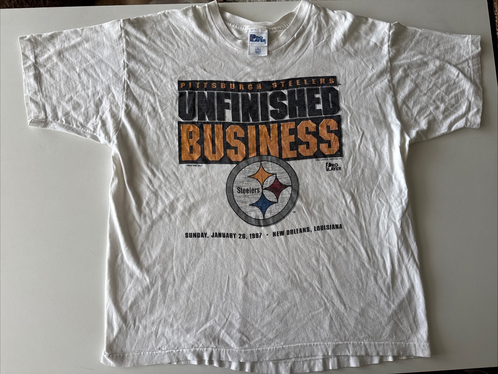 VTG 96 90s Pittsburgh Steelers White Unfinished Business Superbowl Pro Player XL