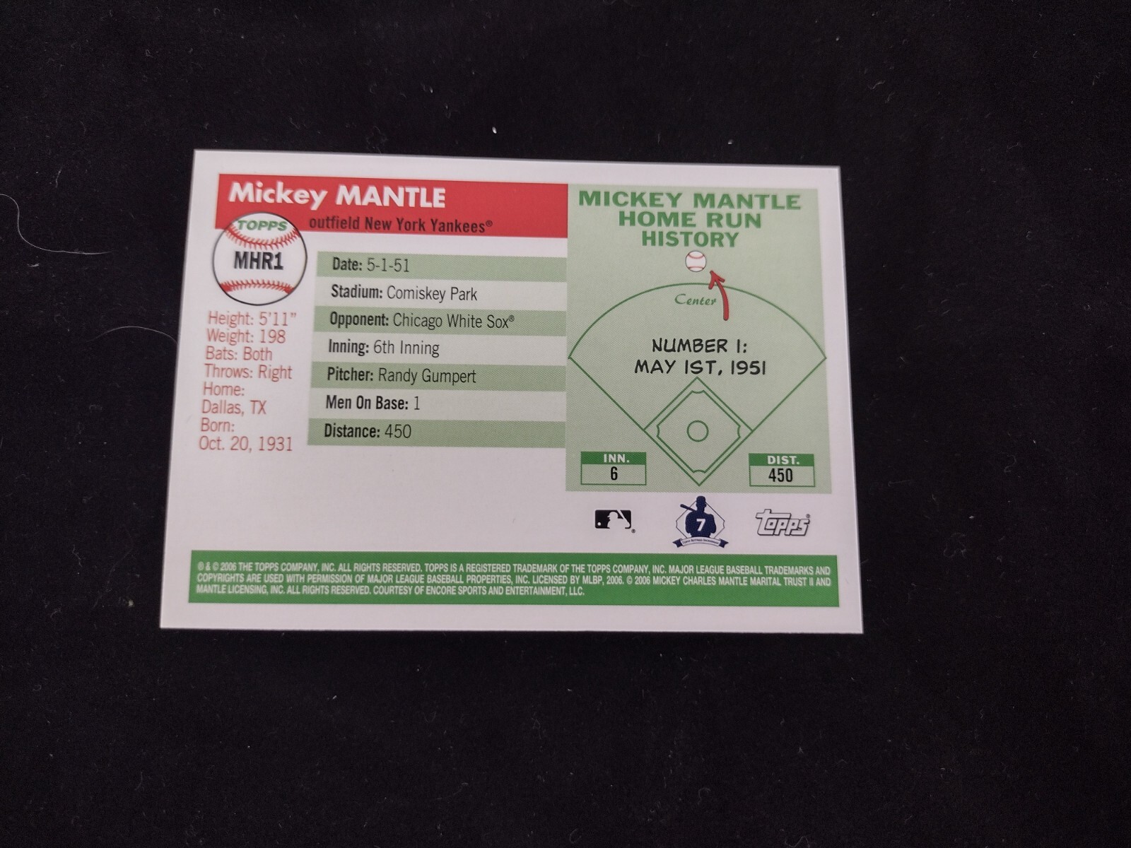 2006 Topps Mickey Mantle Home Run History HR 1 #MHR1 New York Yankees HOF
