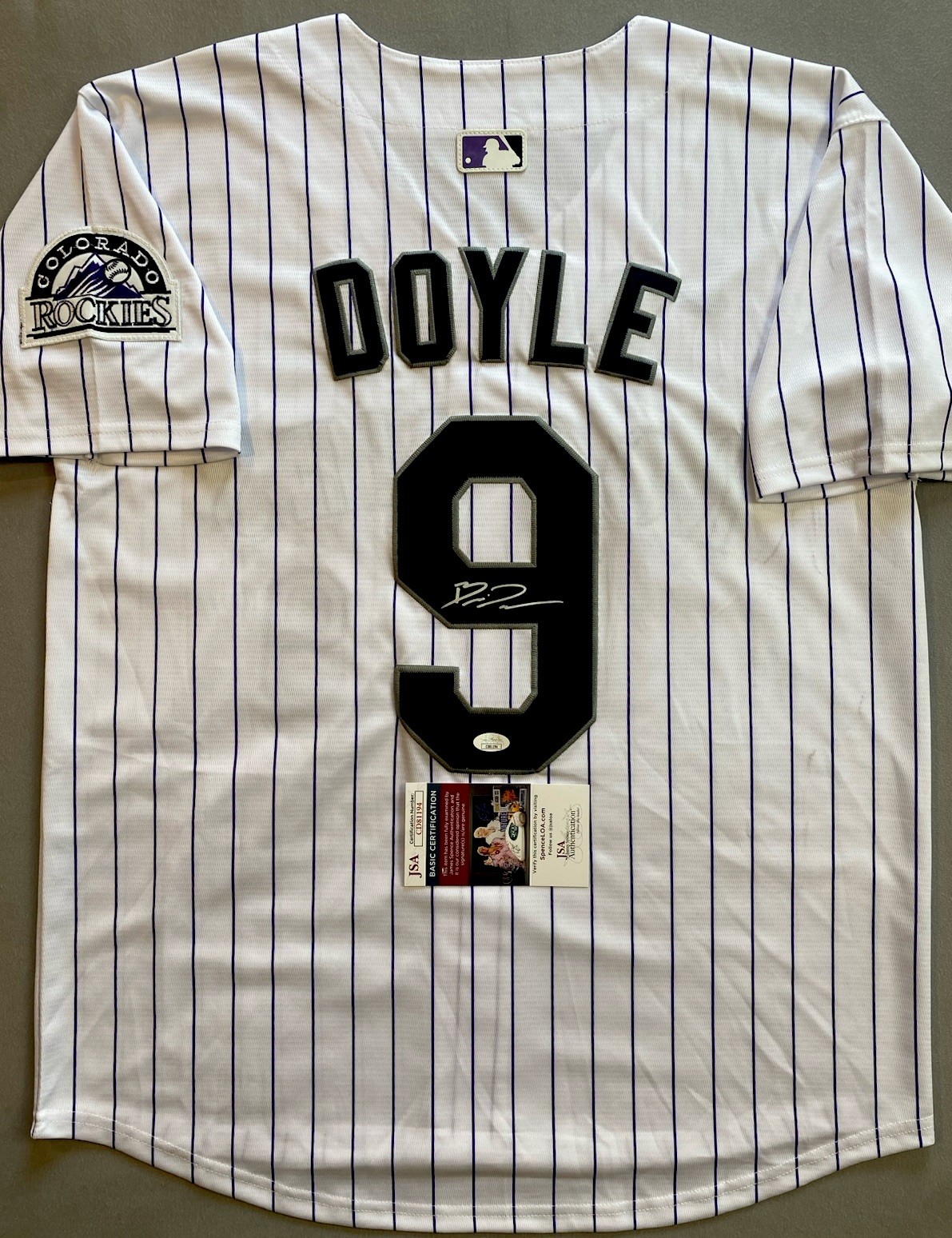 COLORADO ROCKIES- BRENTON DOYLE AUTOGRAPH #9 NIKE PINSTRIPE JERSEY JSA CD81194