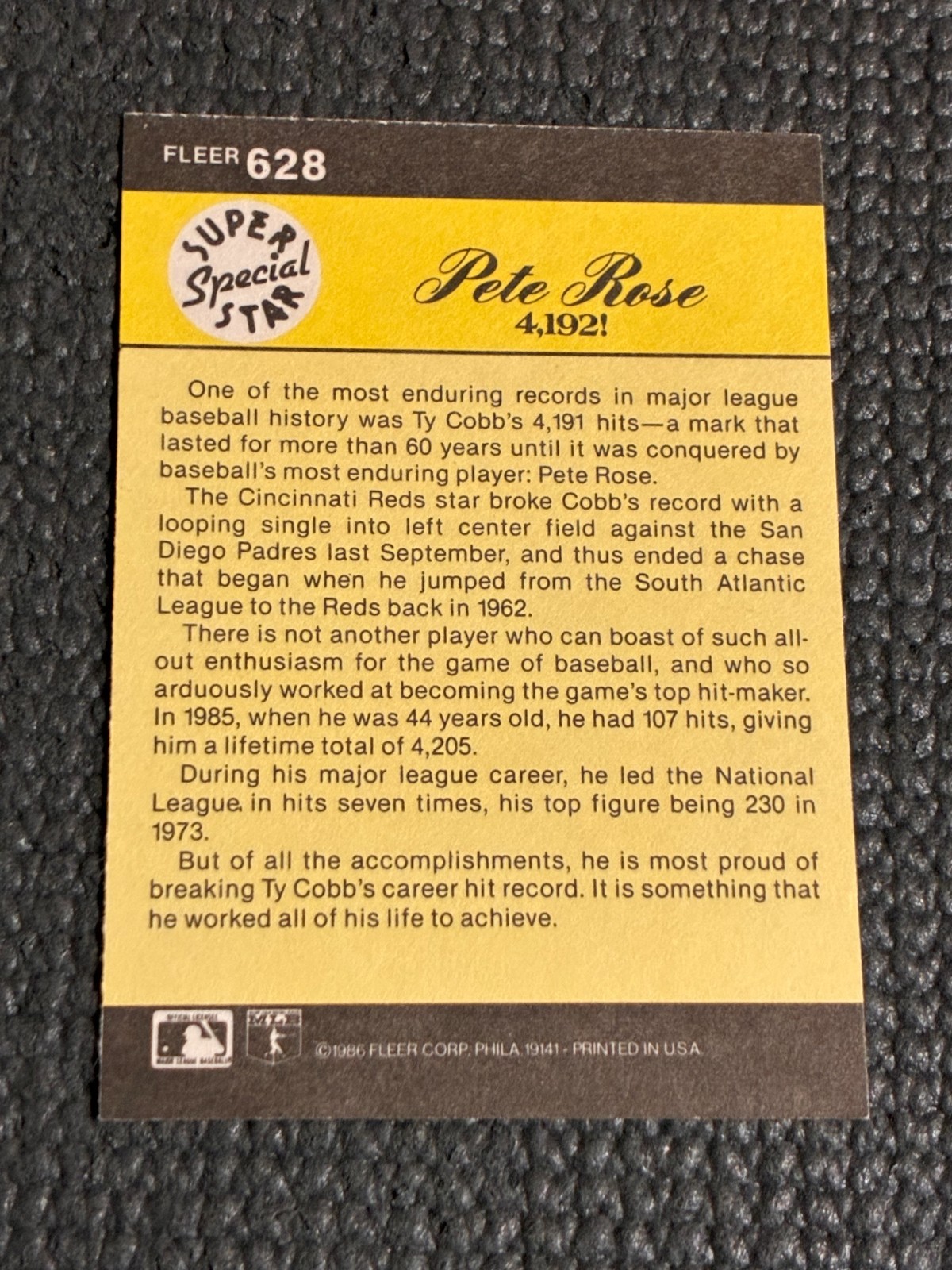 1986 Fleer Pete Rose #628 – NM – Sharp Corners No Creases Centered