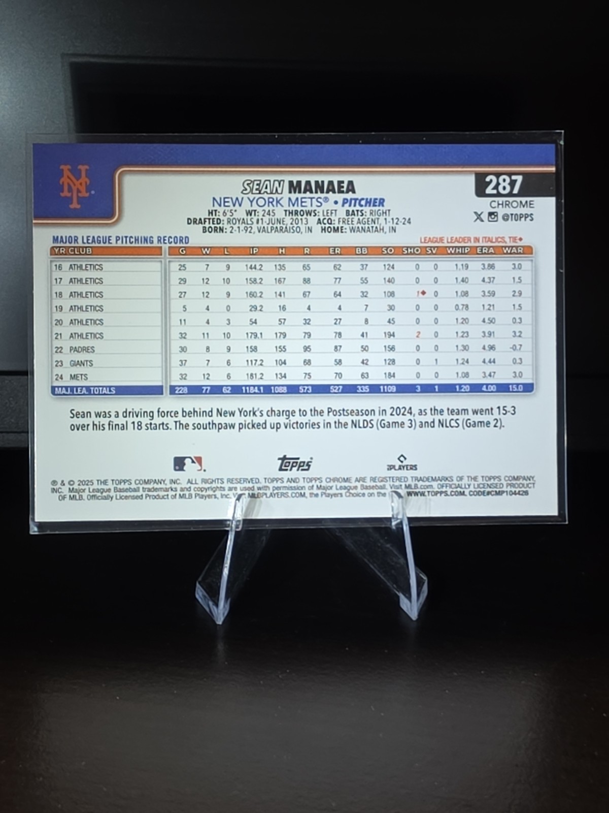 Sean Manaea | 2025 Topps Chrome Sapphire Edition | #287 New York Mets