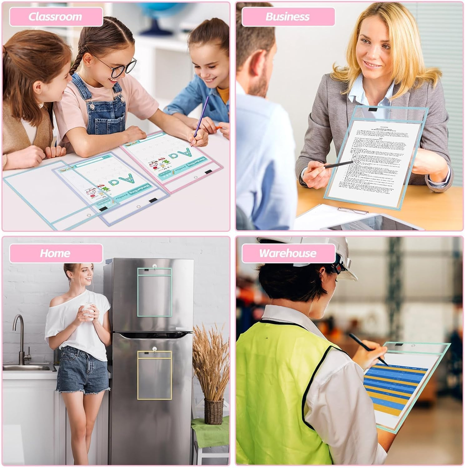 12 Pack Dry Erase Pockets 6 Assorted Colors 8.5 x 11 Inch Clear Plastic Sheet Pr