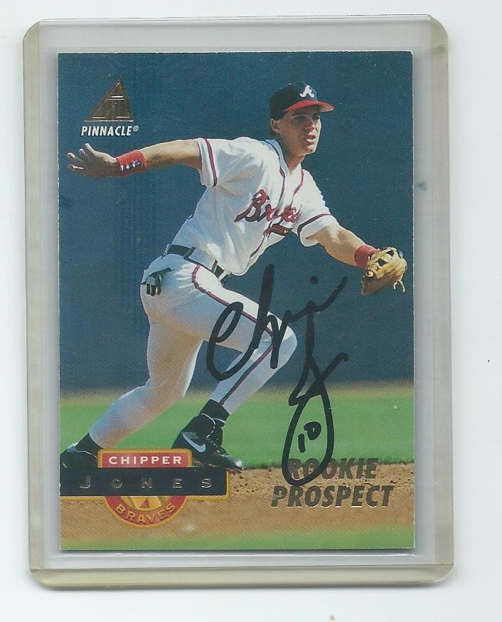 Chipper Jones AUTOGRAPHED PINNACLE ROOKIE PROSPECT CARD. MONEY BACK GUARANTEE