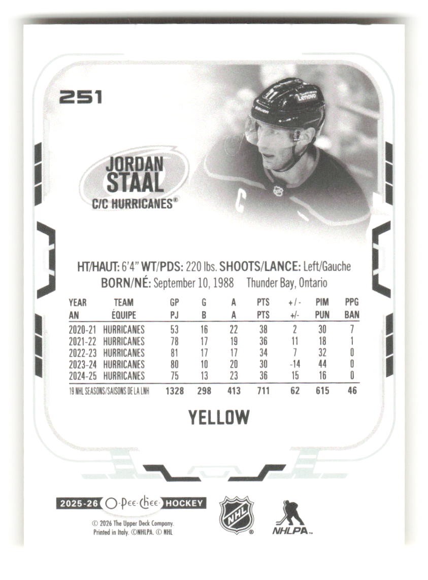 2025-26 O-Pee-Chee Yellow Border #251 Jordan Staal Hurricanes