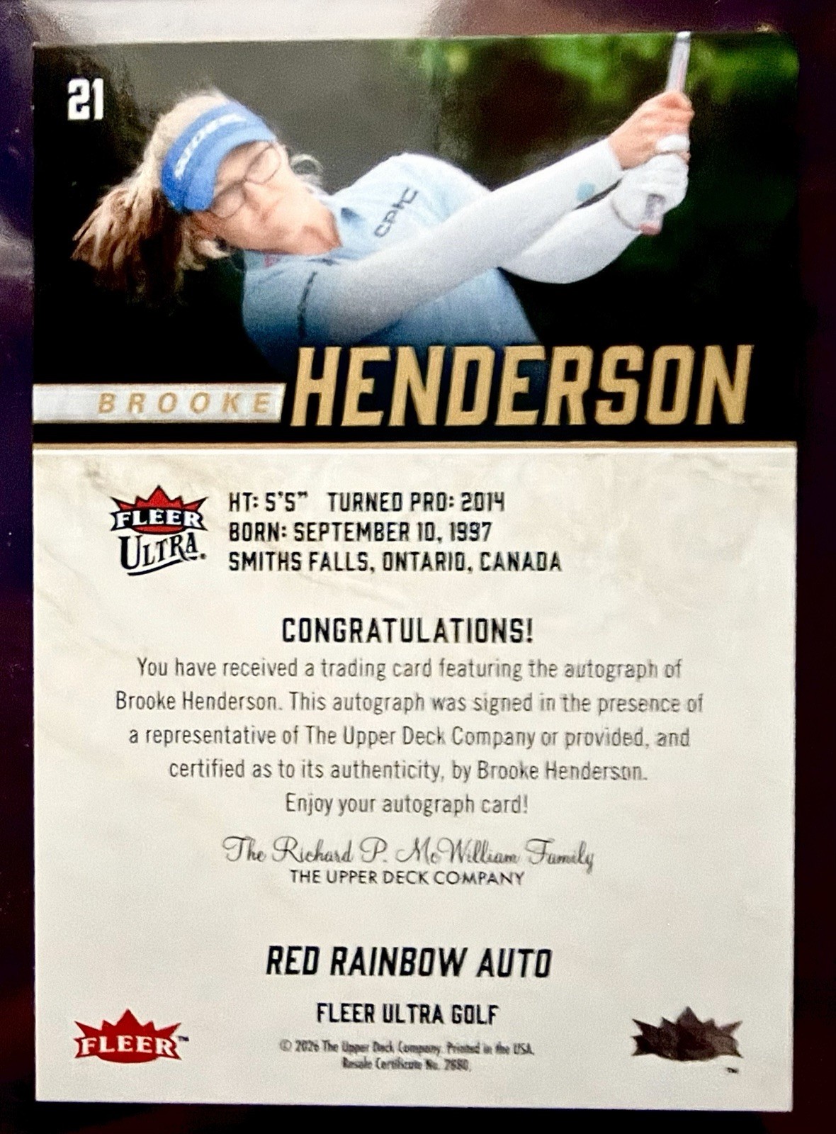 2026 Fleer Ultra Golf Brooke Henderson Red Rainbow Autographed Card (14/25)